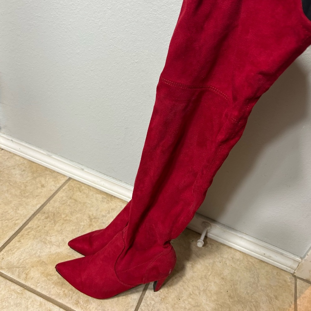 Red Suede Knee High Women's Boots
